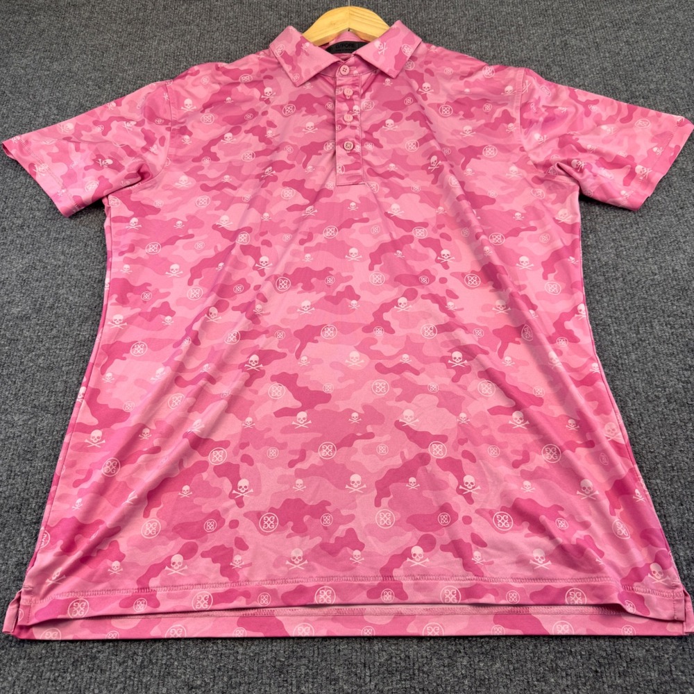 G/FORE Golf Polo Men Medium Pink Camo Skull & Crossbones Excellent Performance